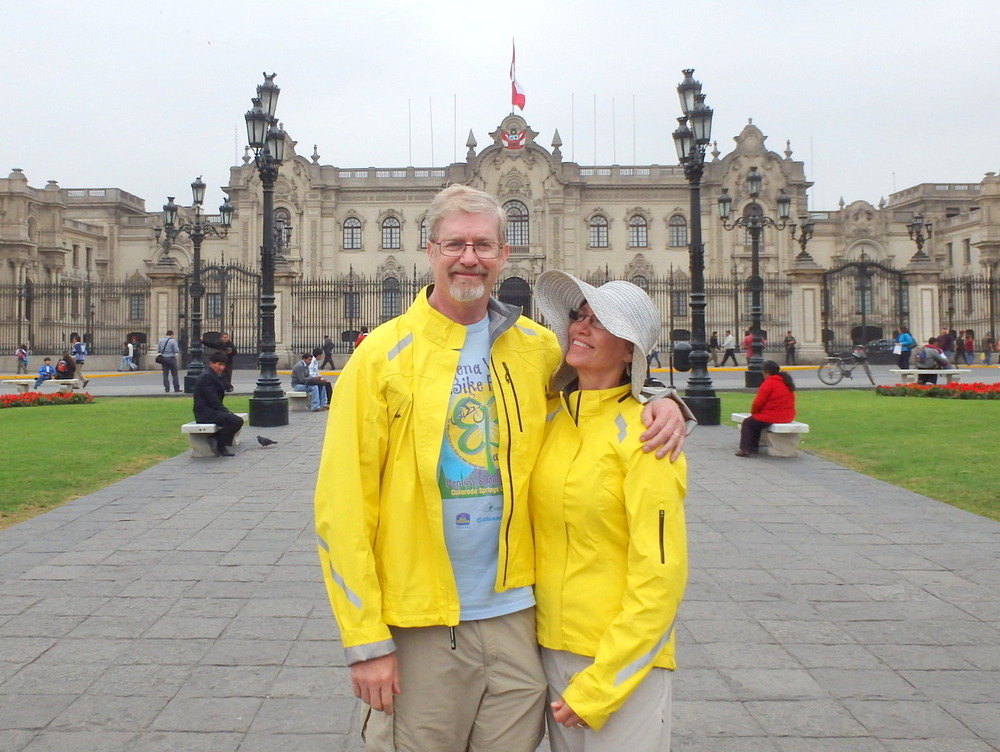 Dennis and Terry Struck in front of the Government Palace, Plaza de Mayor, Lima, Peru.